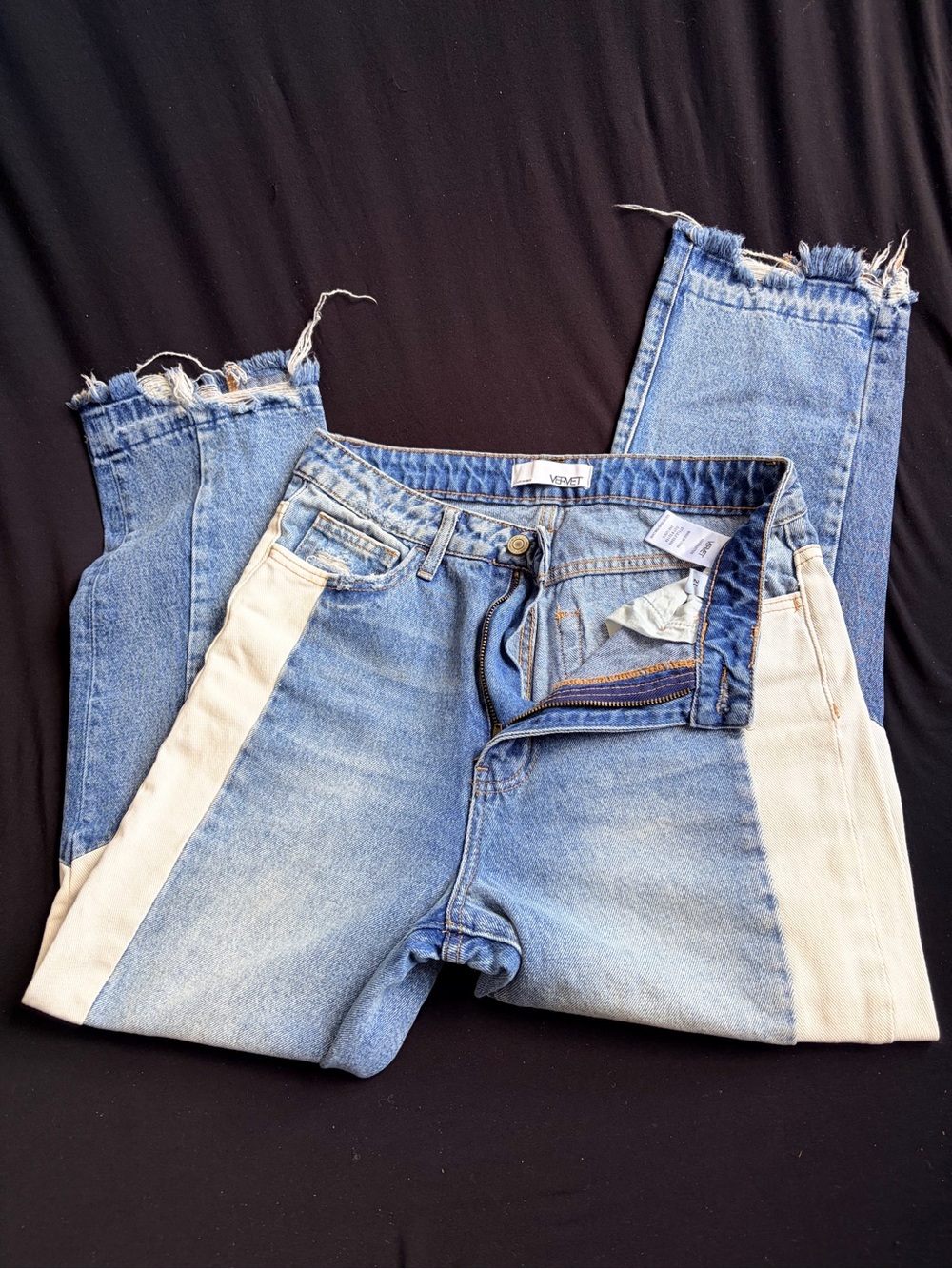 Vervet Two-Tone Light Blue and White Straight Leg Jeans with Frayed Hem